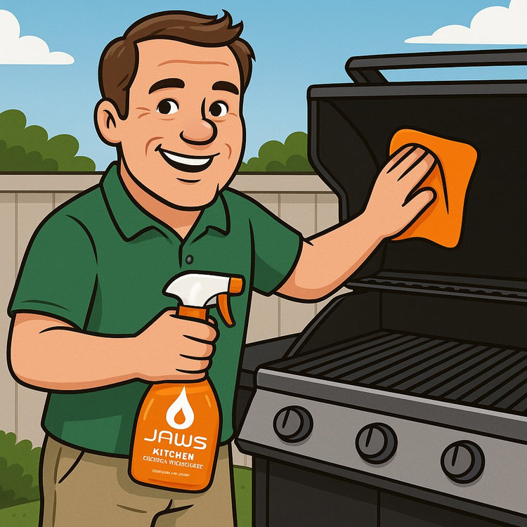Cartoon BA holds JAWS Kitchen Cleaner & Degreaser as he cleans a BBQ Grill using a llifeR Microfibre Orange Kitchen Cloth.