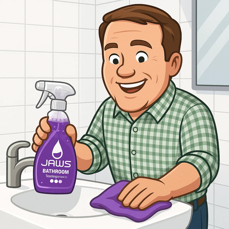 Cartoon BA cleaning the bathroom using JAWS Bathroom Foaming Cleaner and llifeR's colour matched Bathroom microfibre cloth