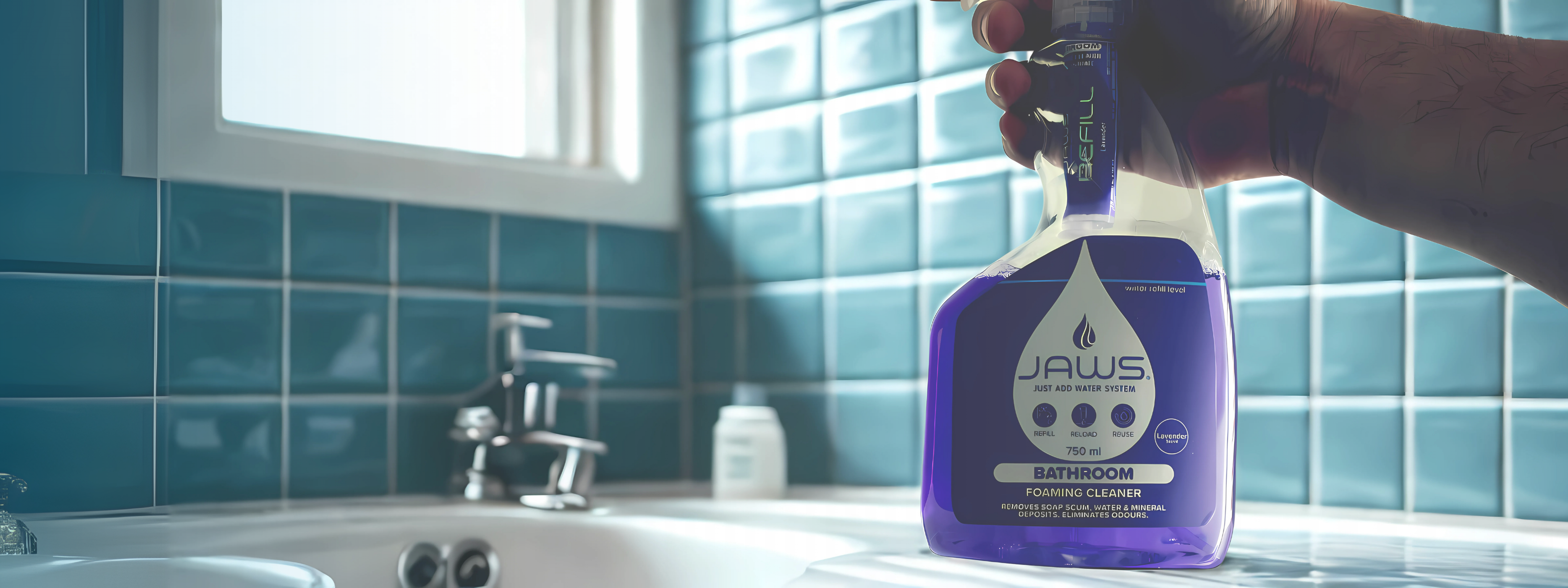 JAWS Foaming Bathroom Cleaner being held in a colourful bathroom. 