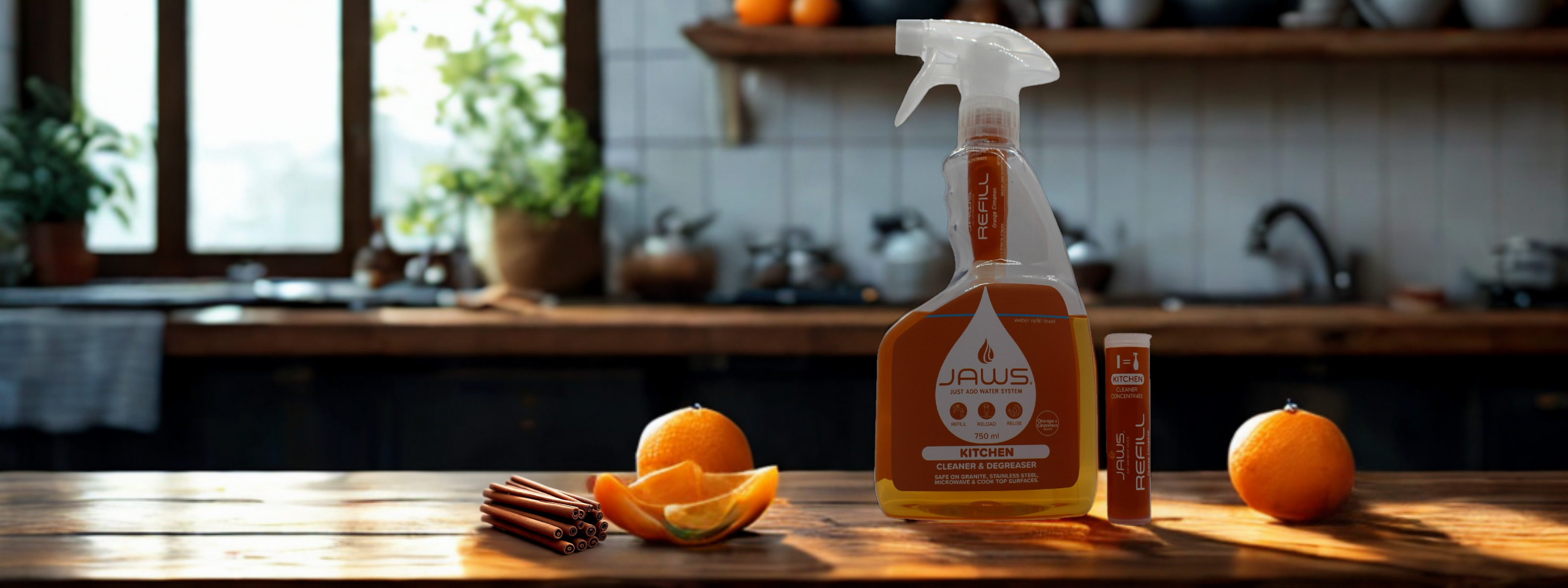 JAWS Kitchen Cleaner & Degreaser sits on a kitchen bench alongside oranges and cinnamon. A JAWS refill sits alongside the made-up 750ml JAWS Kitchen Cleaner & Degreaser Bottle.