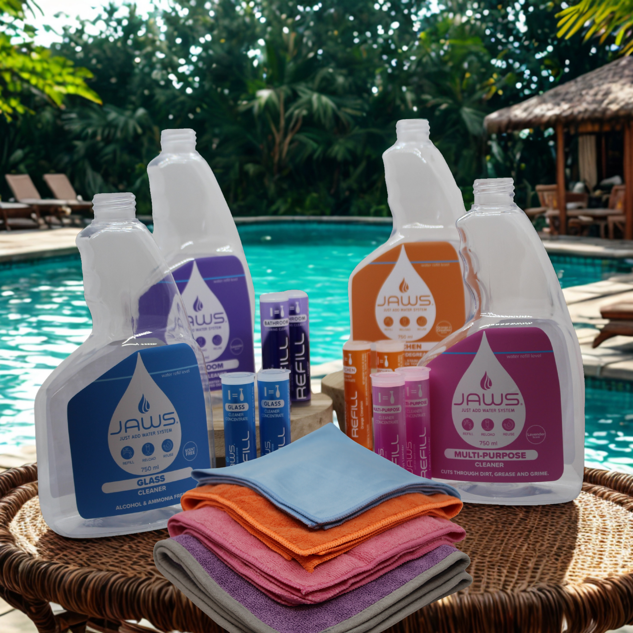 The JAWS Ultimate Bundle from llifeR. Everything you need to be house proud with JAWS Just Add Water Cleaners for the whole house. JAWS Kitchen, JAWS Glass, JAWS Bathroom and JAWS Multi-Purpose Cleaners along with colour matching micro-fibre cloths to get the job done right.